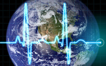 Graphic illustration showing the earth with an EKG-like signal