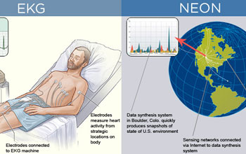 Graphic illustration showing a patient and the earth and how EKG and NEON work in similar ways.