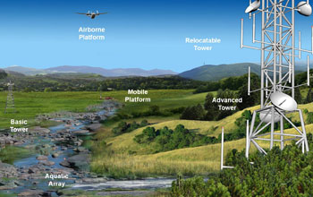 Graphic illustration showing a NEON location's infrastructure on ground, in the air and water.
