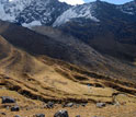 Photo of moraine ridges in a valley; base camp tents are visible in the lower right.