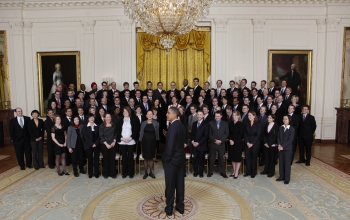 President Barack Obama talks to PECASE recipients.