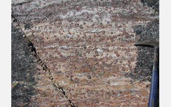 Photo of Earth's oldest known rock, which contains abundant garnet, seen as large round spots.