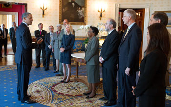 President Obama greets BRAIN Inititive event attendees, including Cora Marrett, Acting NSF Director.