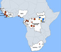 Outbreak distribution map of Ebola in Africa, since its first known incidence.