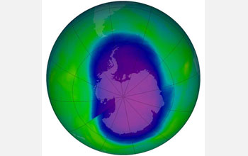 Earth's ozone hole shown in blue over the Antarctic.