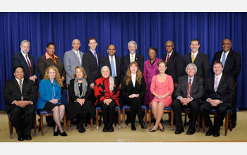 Photo of 2011 PAESMEM awardees, NSF Director Subra Suresh, Deputy Director Cora Marett, John Holdren