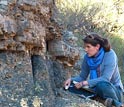 Photo of scientist Sophie Newbury studying the dead zone, a rock layer in Karoo Basin.