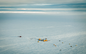 Aerial view of a field camp on Pine Island Glacier Ice Shelf.