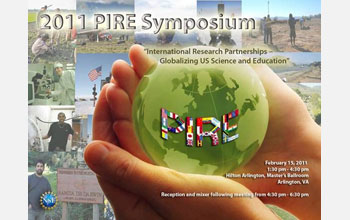 hands holding a globe with the acronym PIRE and illustrations in the background.