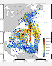 Map showing 6,100 offshore locations where students of SEA collected pieces of plastic.