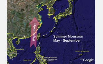 Map showing summertime circulation patterns linked with Asian monsoon transport warm, moist air.