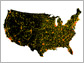 Urbanization map of the U.S., derived from city lights data; urban is red, peri-urban is yellow.