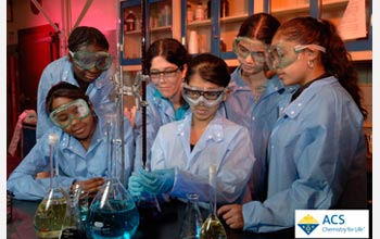 Photo of Cecilia Marzabadi in lab with students from Project SEED at Seton Hall University.