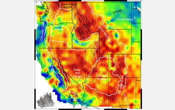 Map of western United States showing quartz-rich in red-orange and quartz-poor areas in blue-green.