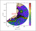 Graph of latitude vs. longitude contoured for speed showing the path of ocean currents off Japan.