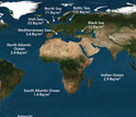 World map showing Cesium-137 in the surface ocean as of 1990.