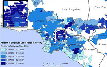 Map depicting the percent of the employed labor force in poverty in the Los Angeles region