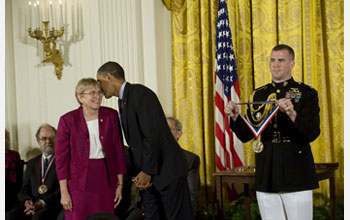 Photo of Joanna Stubbe receiving the National Medal of Science from President Barack Obama.