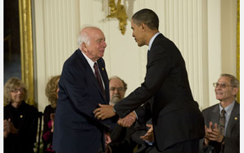 Photo of Berni Adler receiving the National Medal of Science from President Barack Obama.