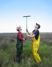 Photo of Andrew Kemp in red and Simon Engelhart in yellow collecting sediment cores.