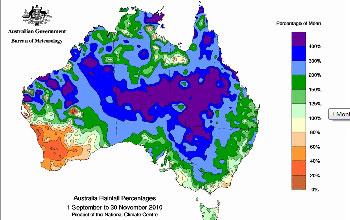 map showing Rainfall in Australia in 2010 reached levels far above normal.