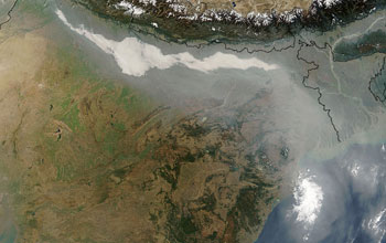 thick haze and smoke along the Ganges Basin in northern India as seen from outerspace