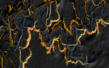 LIDAR image of steep areas in orange along the Minnesota River.