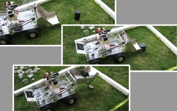 Three photos of SAAST student-built robot picking up a stack of hockey pucks in a sequence.