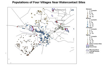 GIS map showing four communities in Kenya that are at high risk for schistosomiasis.
