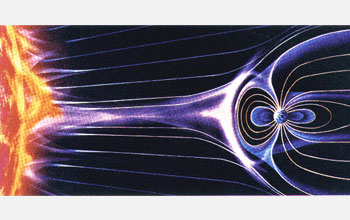An artist's rendering of the solar wind as it streaks by Earth.