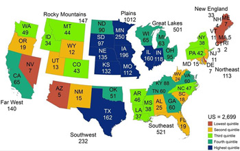 Map of the U.S. states showing the predicted number of cases of avian influenza in wild birds.