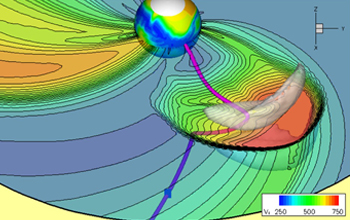 the coronal mass ejection as a gray cloud in the lower right.