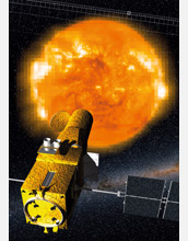 Illustration of the CoRoT satellite measuring the acoustic fluctuations of a star.