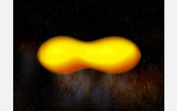 Photo of a  peanut-shaped star system with two nearly identical stars closely orbiting each other.