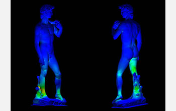 A front and back view of Michelangelo's David through the eyes of the Scan and Solve software.