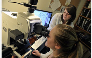 Photo of a student looking into a microscope and another student seated.