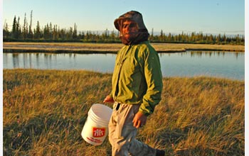 Photo of biologist Mike Shapiro with mosquito netting for protection along a lake in Canada.