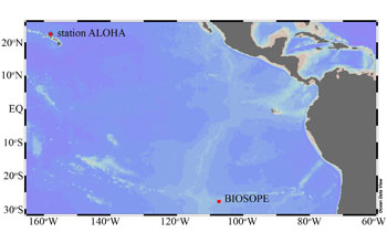 Map showing research sites in the north and south Pacific Ocean where symbioses were found.