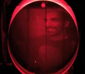 A hologram of a member of Peyghambarian's lab in the photorefractive polymer screen.