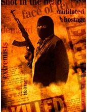Illustration of a masked person holding a weapon with newspaper clippings in background.