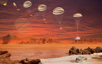 Illustration of the European Space Agency's Huygens probe descent to Titan's surface.