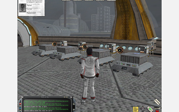 Computer screen capture showing virtual robots that deliver mail to lunar colonists.