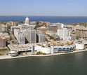 An aerial view of Madison, Wis., with Lakes Monona (foreground) and Mendota (background).