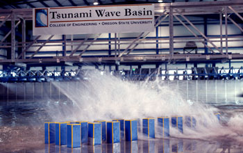 Tsunami impact on model buildings, Tsunami Wave Basin, Oregon State University