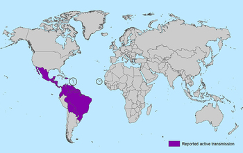 Map showing regions of the world where the Zika virus is currently active, as of Feb. 3, 2016.