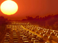 cars in traffic on a highway and a big sun