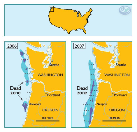 Expansão das zonas mortas no estado do Oregon, EUA