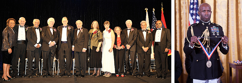 a group photo and a marine holding ribbon with the national medal