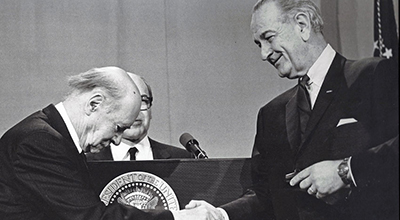 President Lyndon B. Johnson with medalist Igor Sikorsky