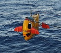 The autonomous underwater vehicle Sentry lowered from a research ship; it will explore deep reefs.